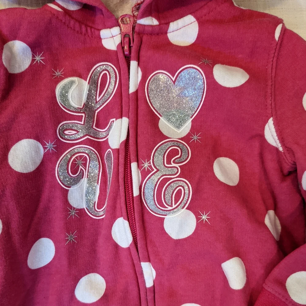 Girls Sweatshirt hoodies size 18 months pink/grey Zip Up Fleece Polka Dots Heart